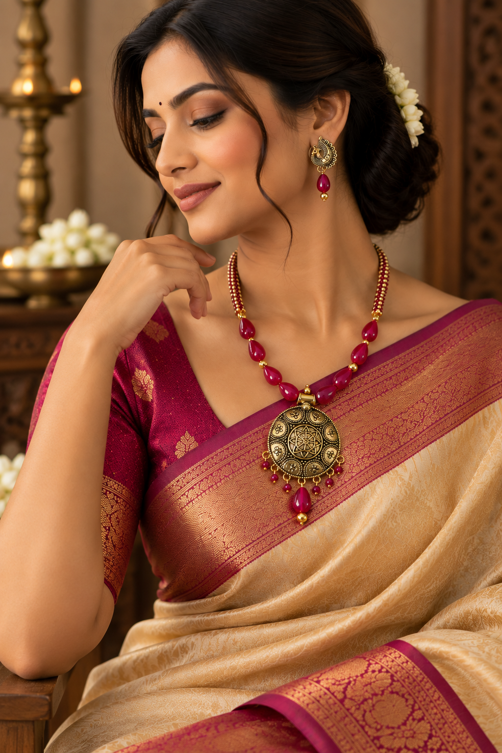 Deep Pink beads with Oxidized Gold Pendant Jewelry Set