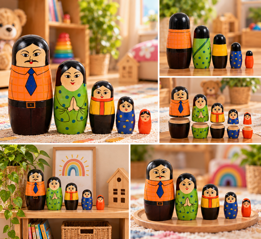 Wooden Family Russian Nesting Dolls Set of 5 pcs