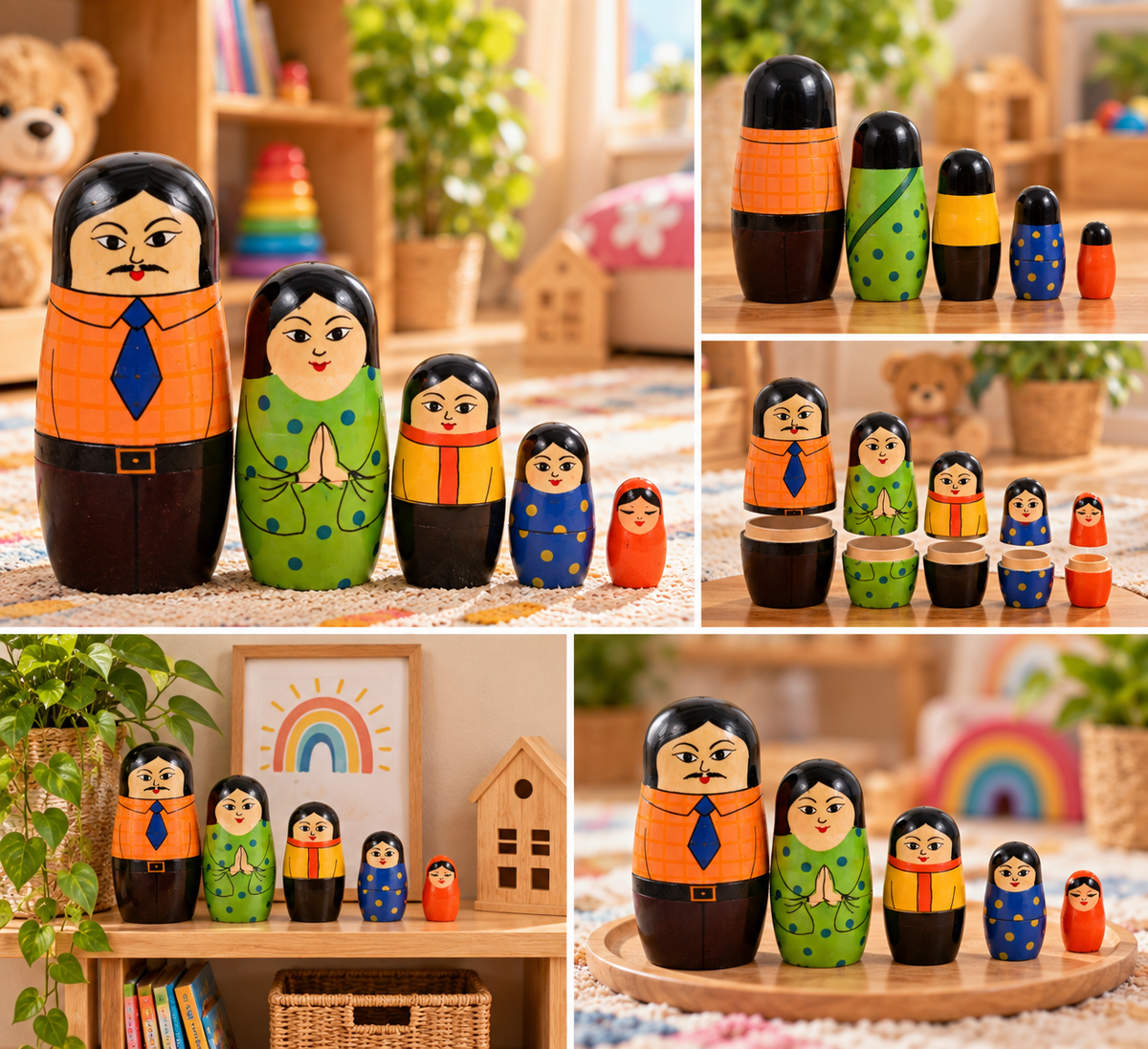 Wooden Family Russian Nesting Dolls Set of 5 pcs