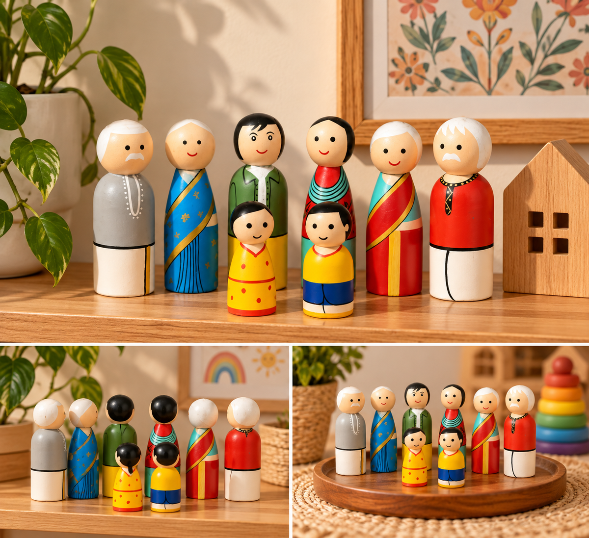 Wooden Traditional Indian Family Peg Dolls Set of 8