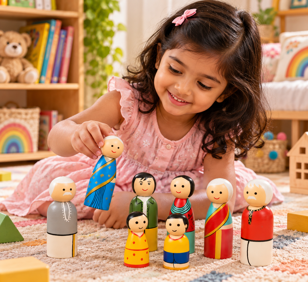 Wooden Traditional Indian Family Peg Dolls Set of 8