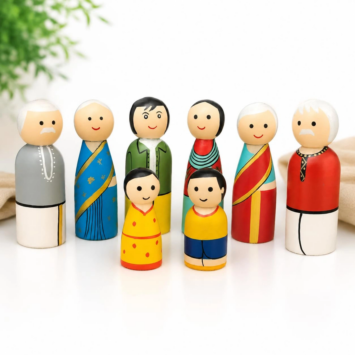 Wooden Traditional Indian Family Peg Dolls Set of 8