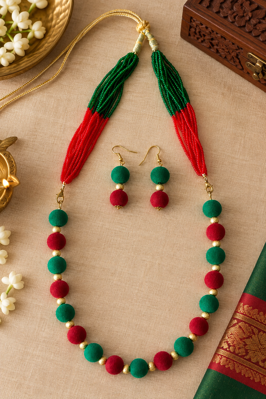 Red & Green Velvet Beads Jewelry set