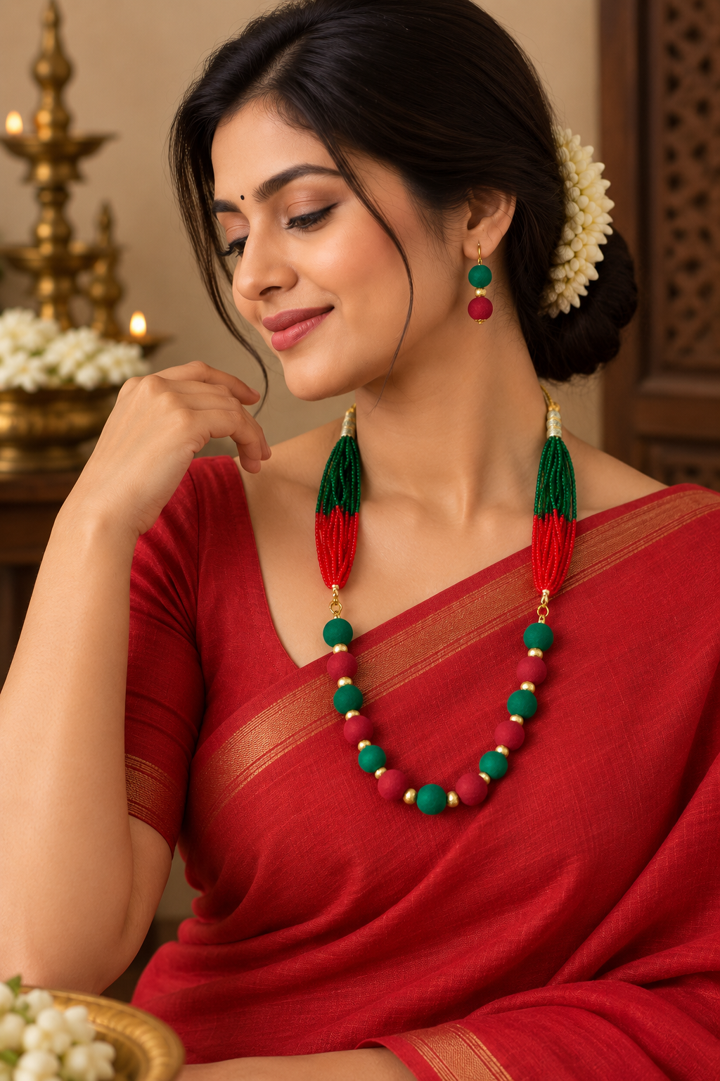 Red & Green Velvet Beads Jewelry set