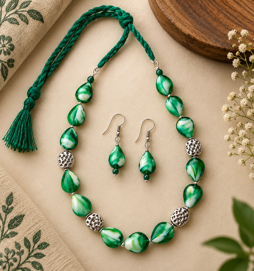 Emerald Mist – Green & White Beads Jewelry set