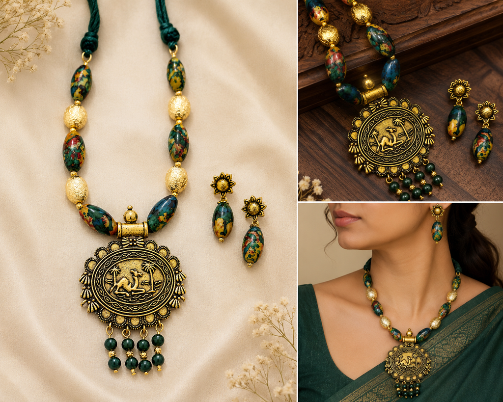 Green Multicolor Beads Statement jewelry set