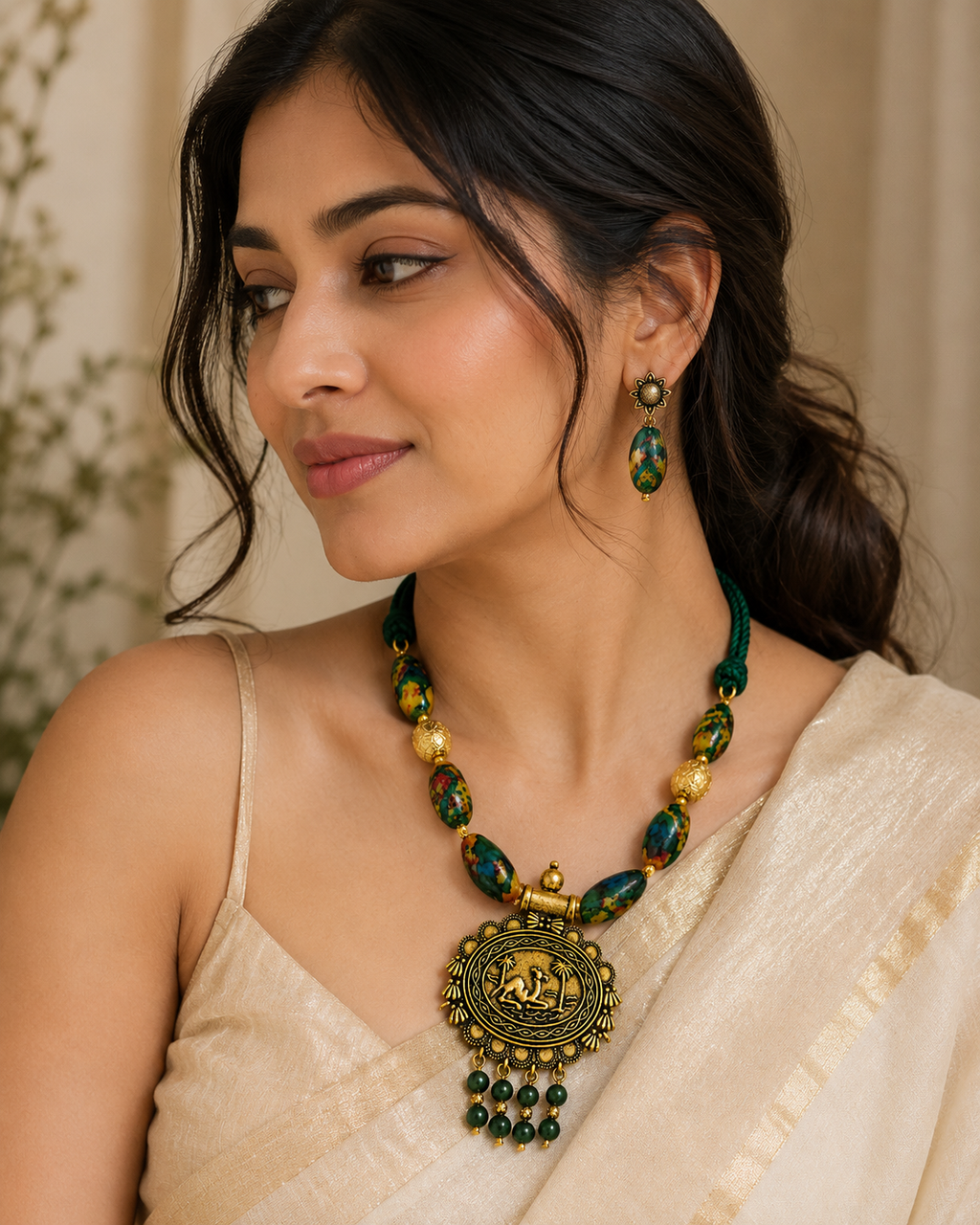 Green Multicolor Beads Statement jewelry set