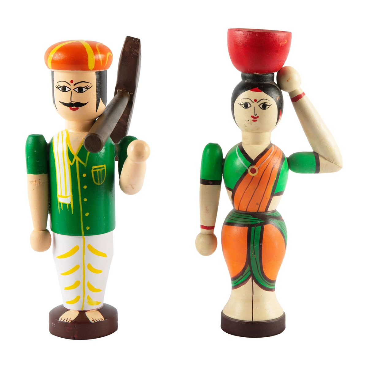 Wooden Farmer Couple Dolls - Set of 2