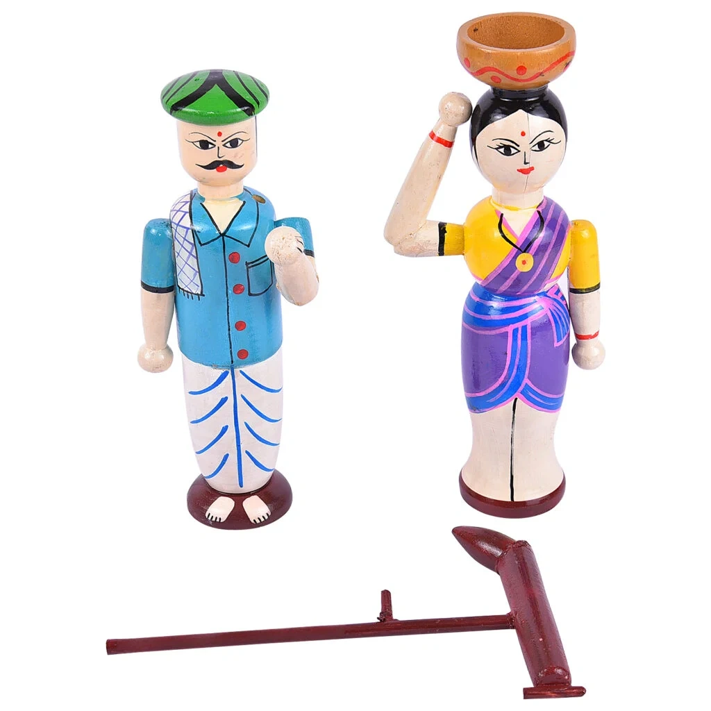 Wooden Farmer Couple Dolls - Set of 2