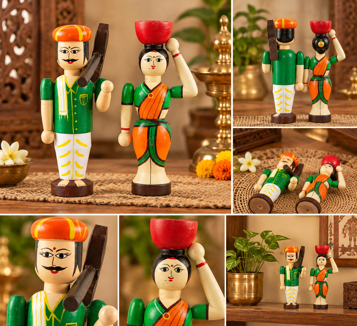 Wooden Farmer Couple Dolls - Set of 2