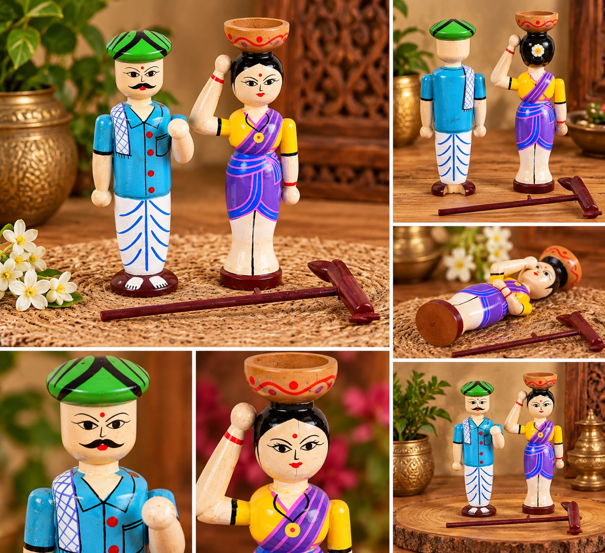 Wooden Farmer Couple Dolls - Set of 2
