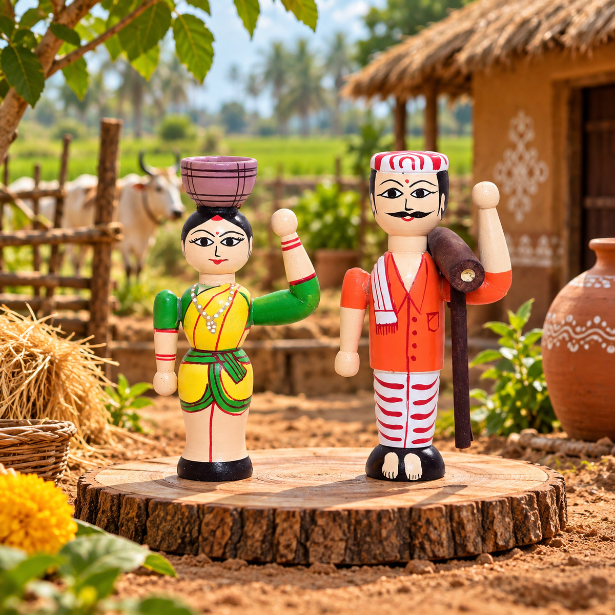 Wooden Farmer Couple Dolls - Set of 2