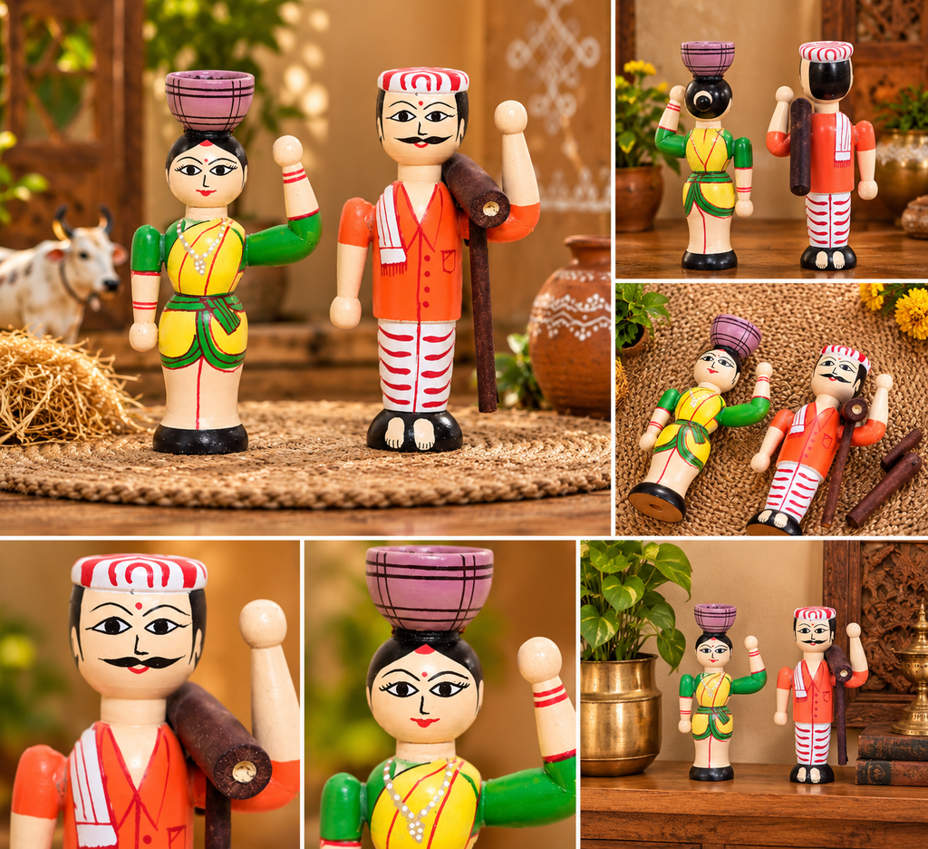 Wooden Farmer Couple Dolls - Set of 2