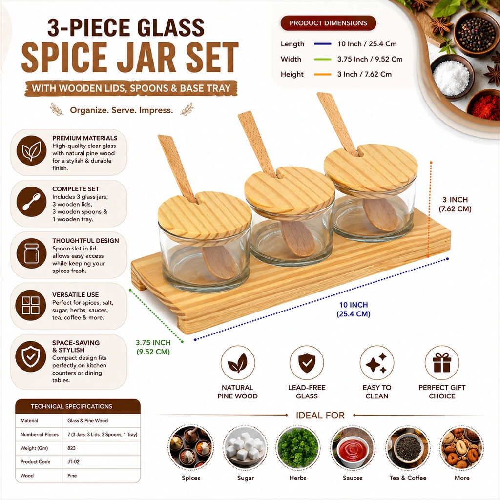 3-Piece Glass Spice Jar Set with Wooden Lids & Tray – Elegant Kitchen & Dining Organizer