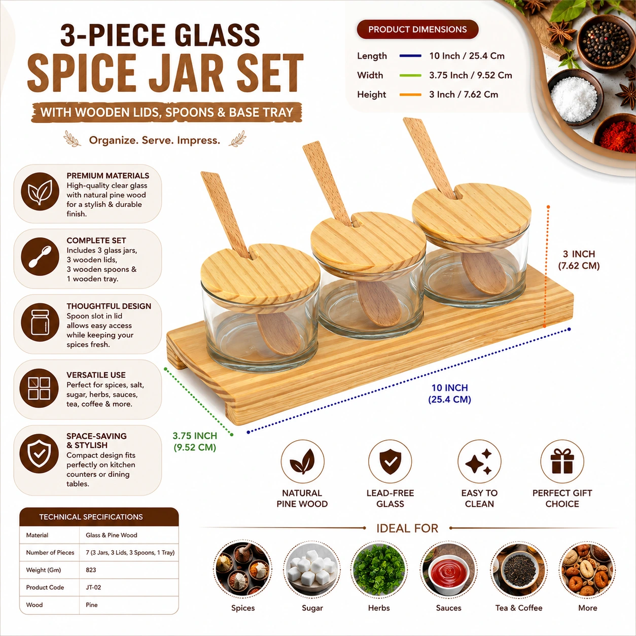 3-Piece Glass Spice Jar Set with Wooden Lids & Tray – Elegant Kitchen & Dining Organizer