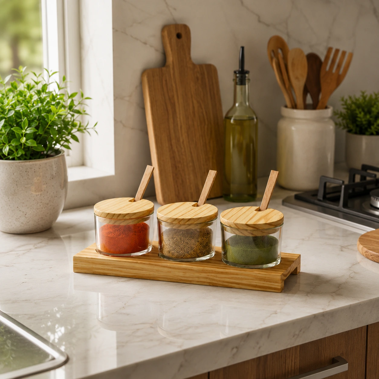 3-Piece Glass Spice Jar Set with Wooden Lids & Tray – Elegant Kitchen & Dining Organizer