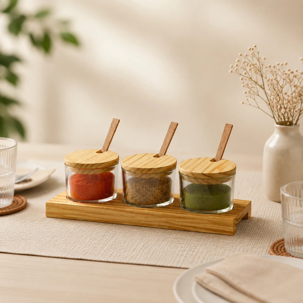 3-Piece Glass Spice Jar Set with Wooden Lids & Tray – Elegant Kitchen & Dining Organizer
