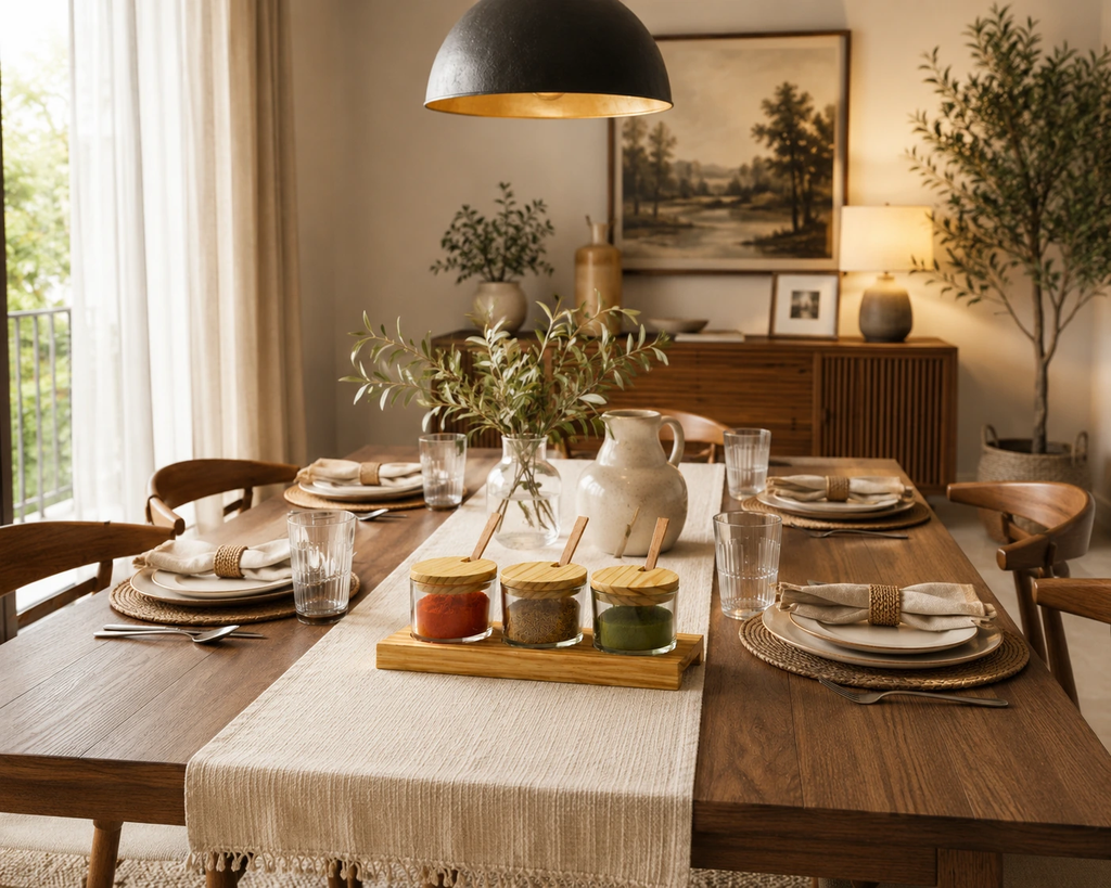 3-Piece Glass Spice Jar Set with Wooden Lids & Tray – Elegant Kitchen & Dining Organizer
