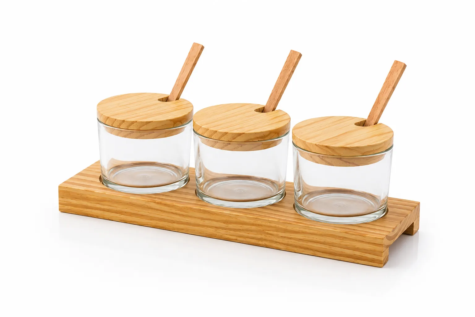 3-Piece Glass Spice Jar Set with Wooden Lids & Tray – Elegant Kitchen & Dining Organizer