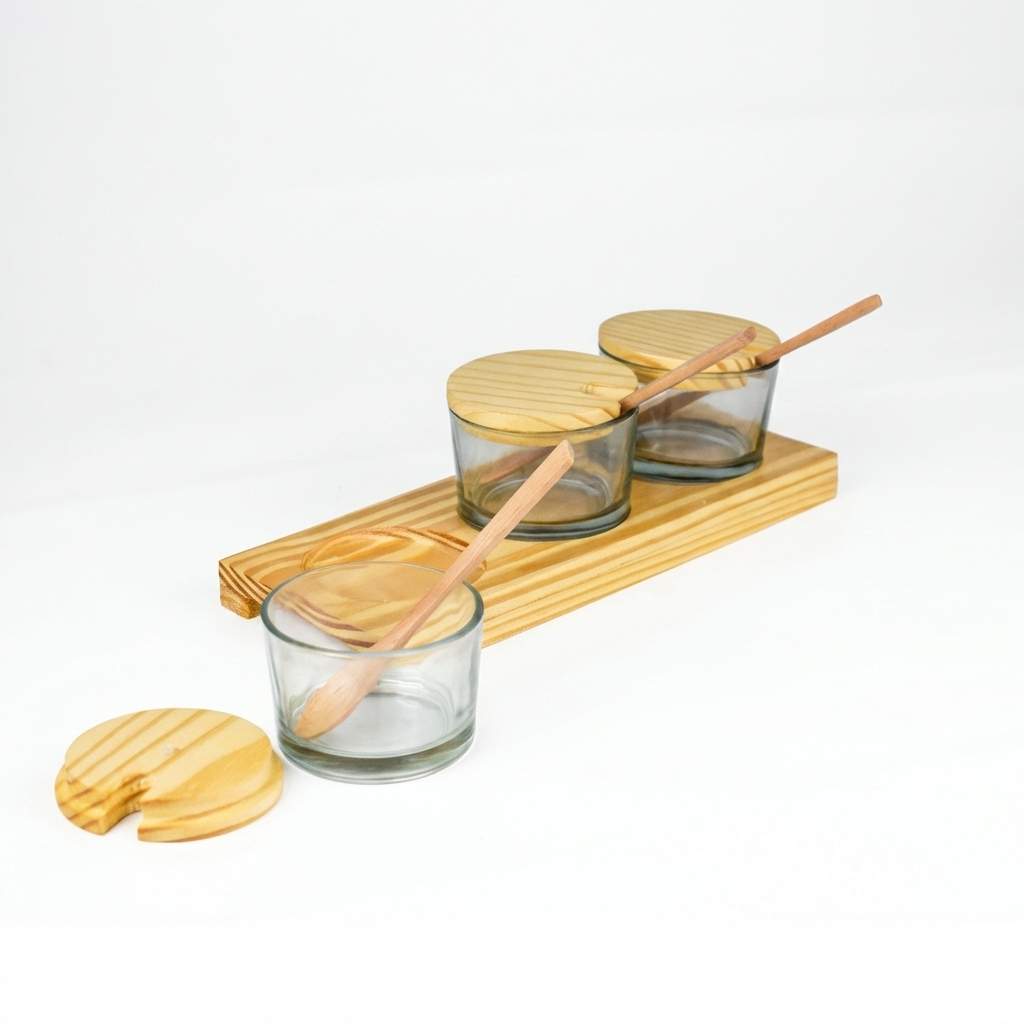 3-Piece Glass Spice Jar Set with Wooden Lids & Tray – Elegant Kitchen & Dining Organizer