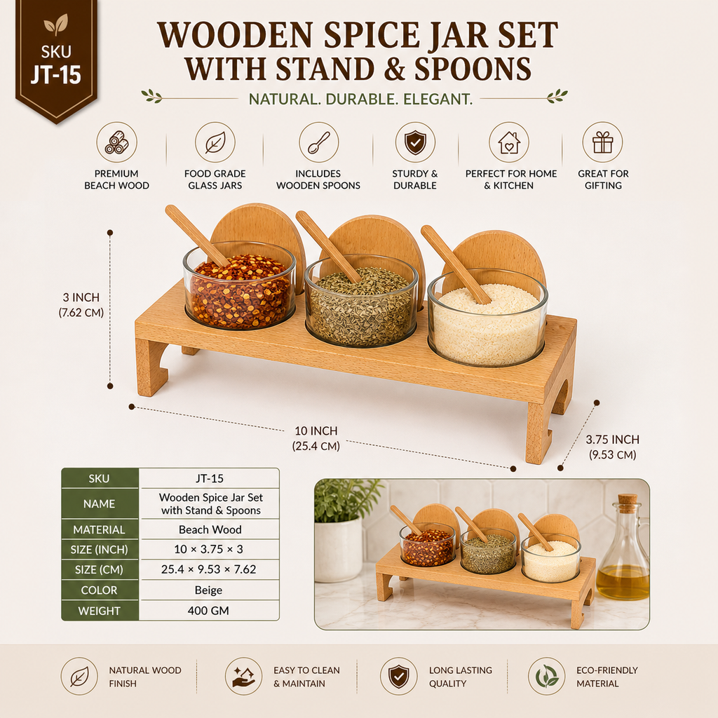 Wooden Spice Jar Set with Stand & Spoons – 3 Glass Seasoning Bowls with Beech Wood Tray, Kitchen Condiment Organizer for Salt, Pepper, Spices & Herbs