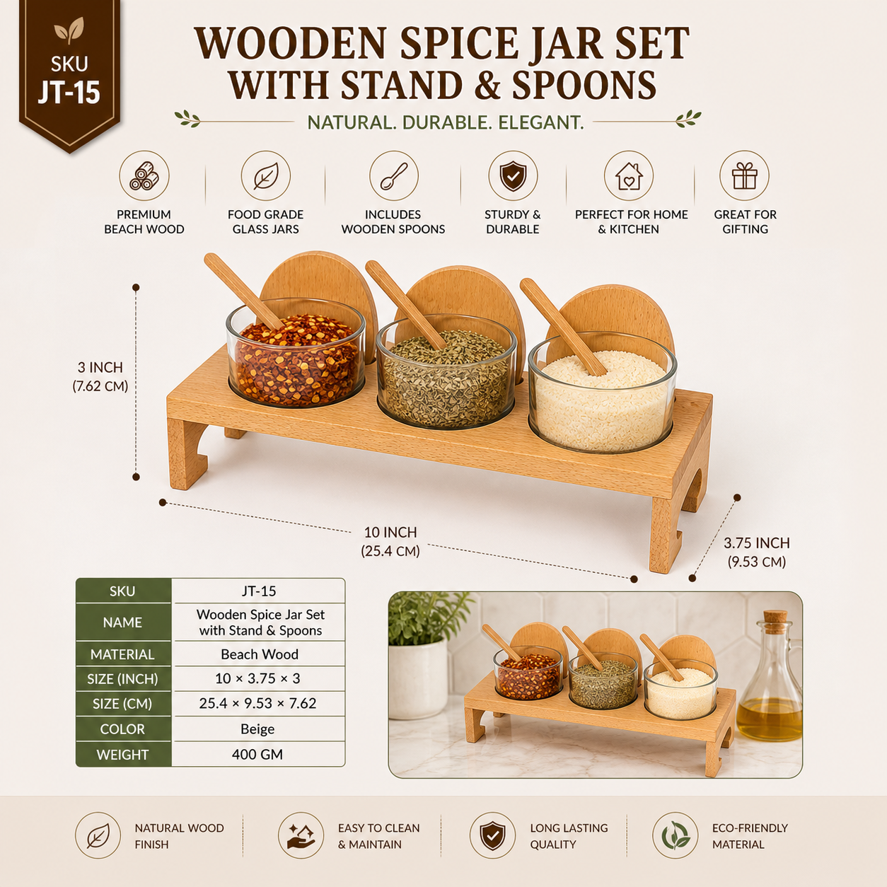 Wooden Spice Jar Set with Stand & Spoons – 3 Glass Seasoning Bowls with Beech Wood Tray, Kitchen Condiment Organizer for Salt, Pepper, Spices & Herbs