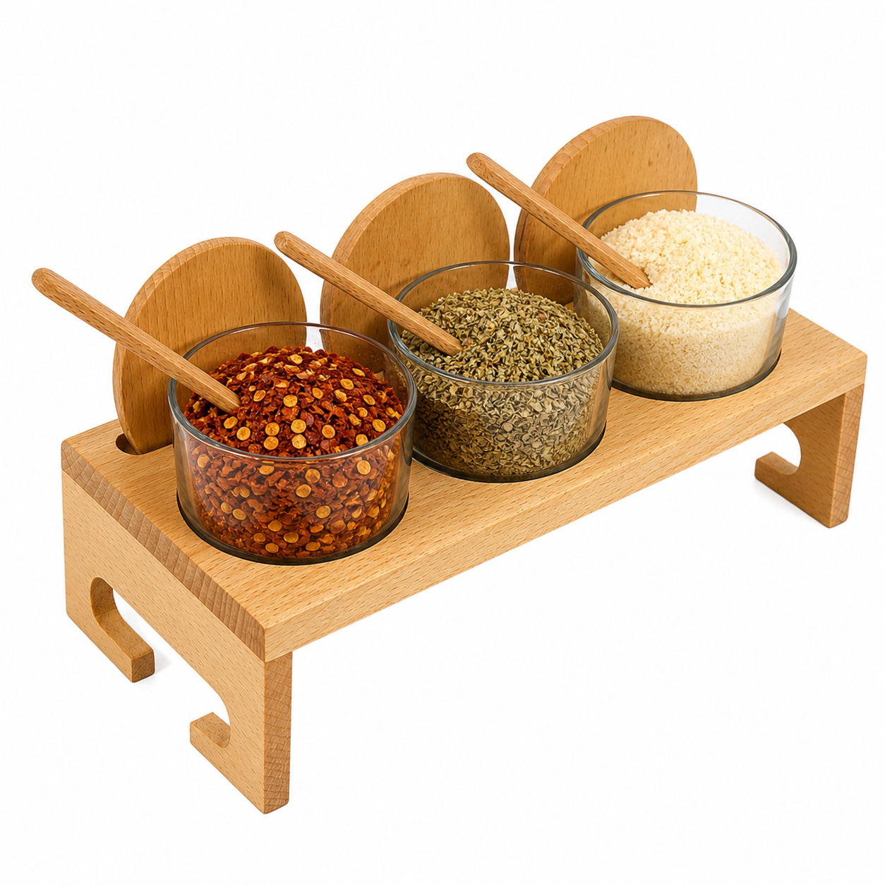 Wooden Spice Jar Set with Stand & Spoons – 3 Glass Seasoning Bowls with Beech Wood Tray, Kitchen Condiment Organizer for Salt, Pepper, Spices & Herbs