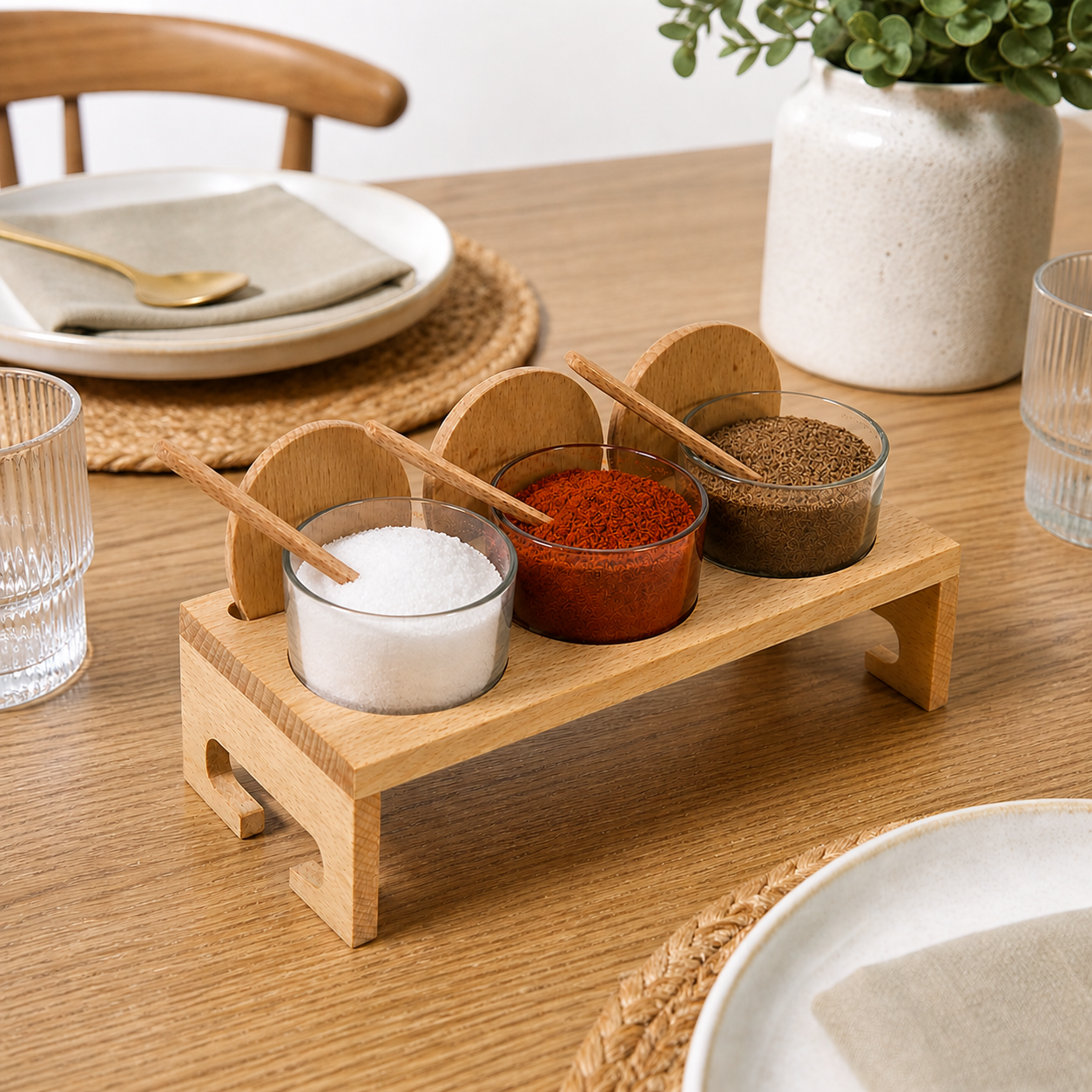 Wooden Spice Jar Set with Stand & Spoons – 3 Glass Seasoning Bowls with Beech Wood Tray, Kitchen Condiment Organizer for Salt, Pepper, Spices & Herbs