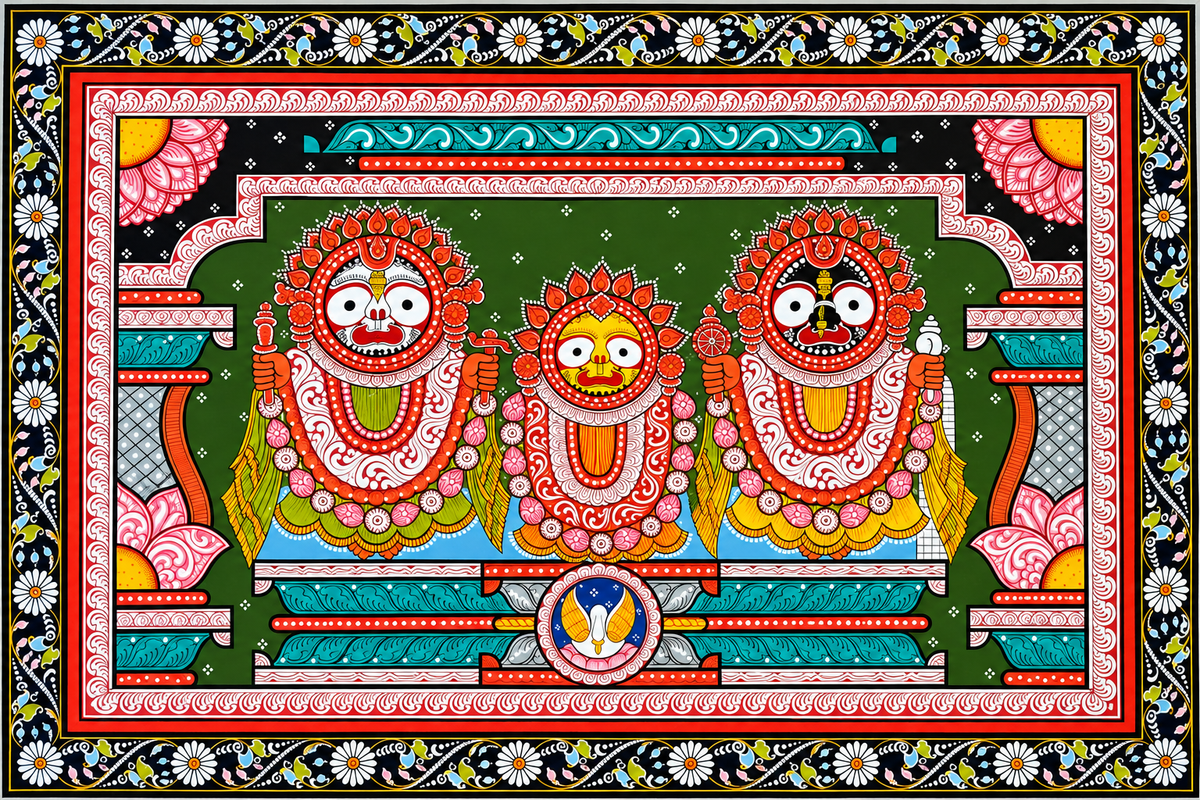 Pattachitra Jagannath Triad Handmade Painting - Green BG