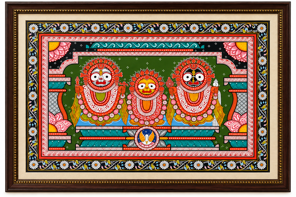 Pattachitra Jagannath Triad Handmade Painting - Green BG