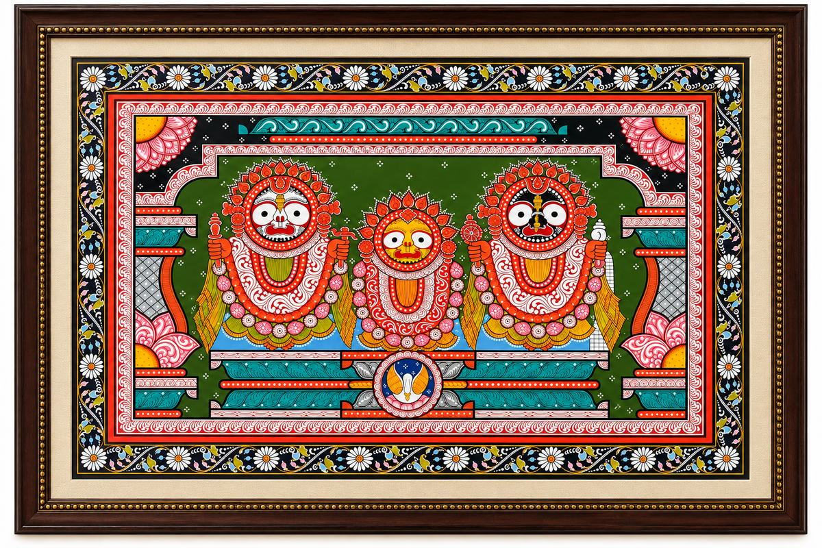 Pattachitra Jagannath Triad Handmade Painting - Green BG