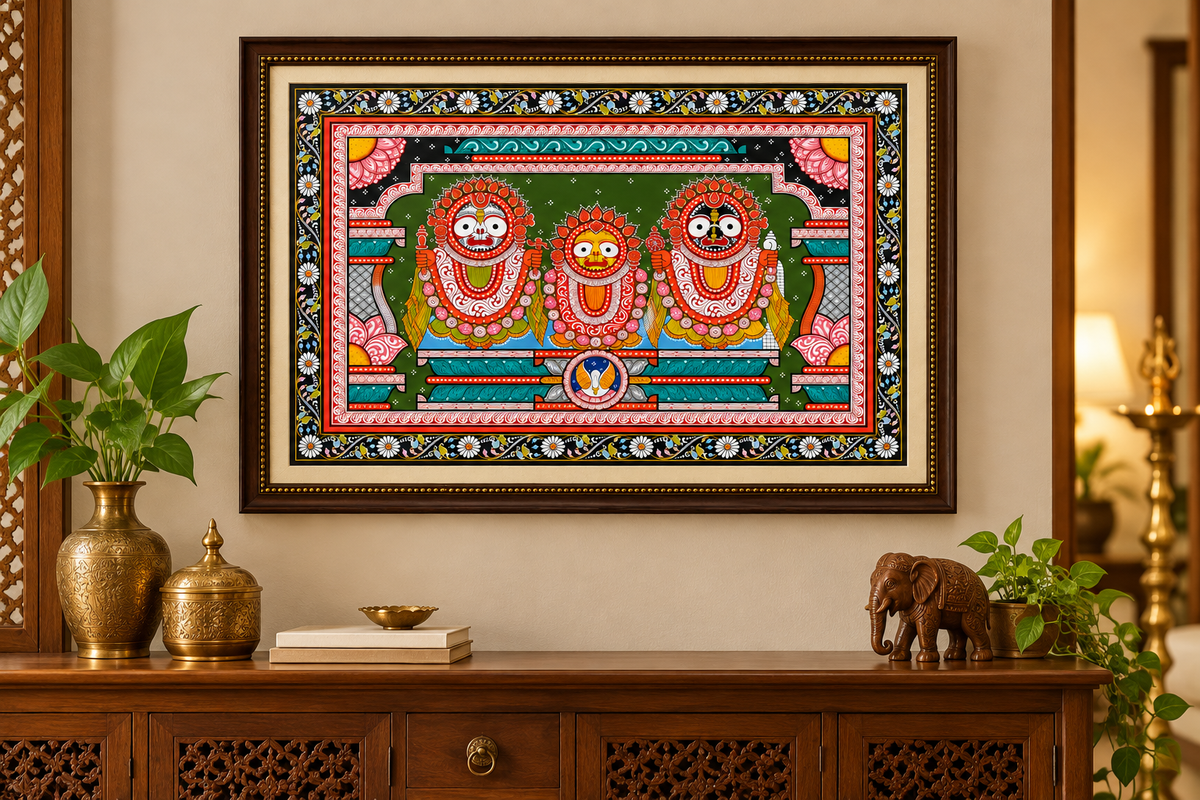 Pattachitra Jagannath Triad Handmade Painting - Green BG