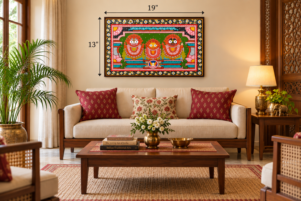 Pattachitra Jagannath Triad Handmade Painting - Green BG