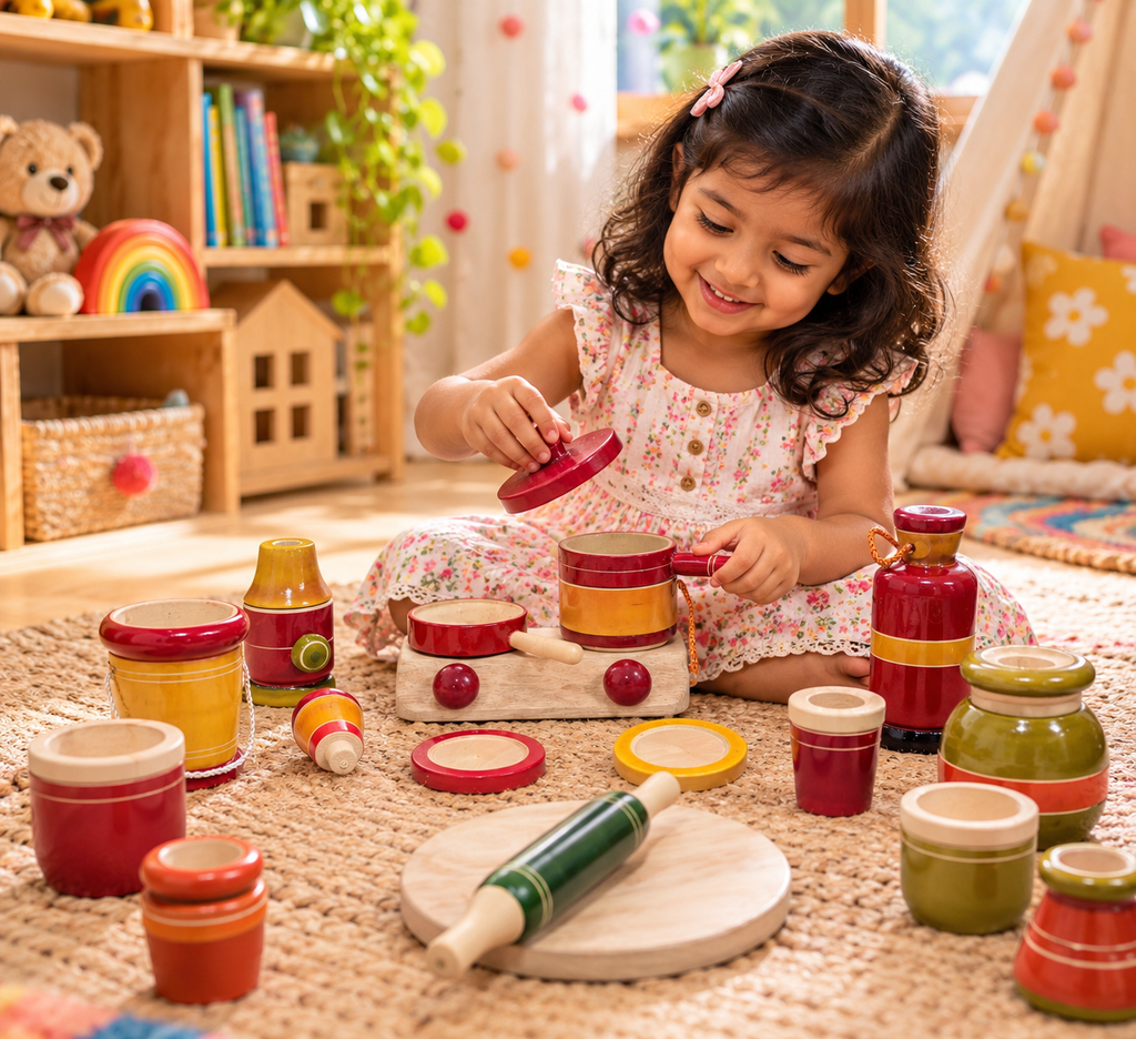 Wooden Kitchen Play Set, 16 Pieces Pretend Cooking Toys