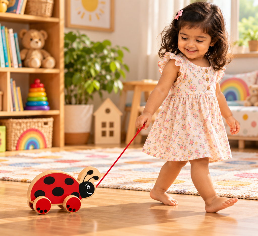 Premium Pull Along Toy Wooden Ladybug for 12 Months + Kids