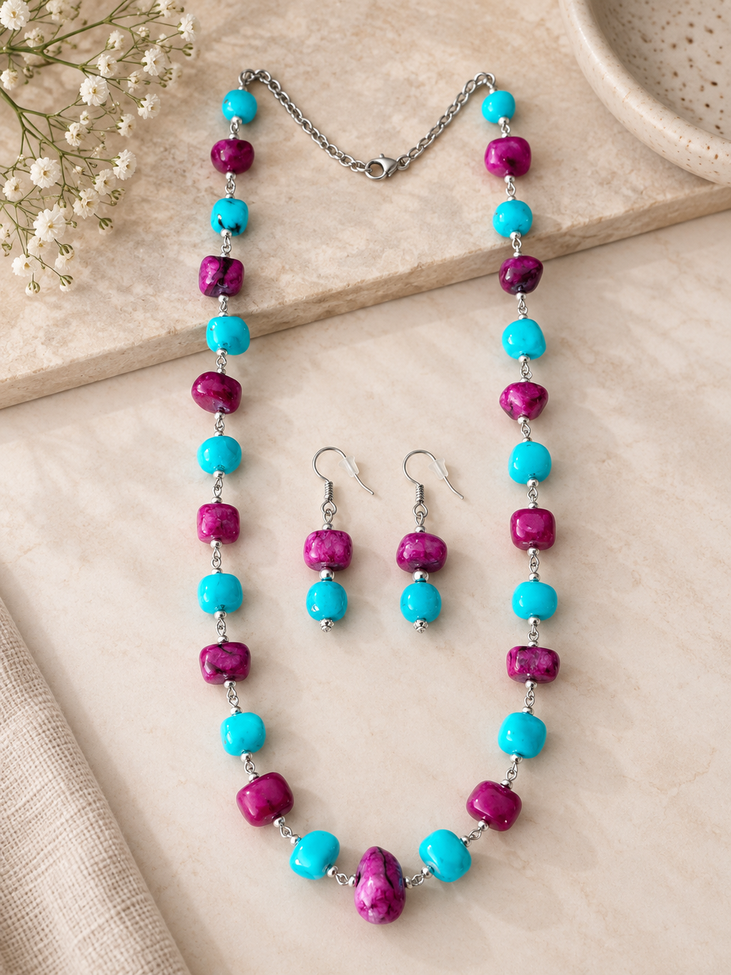 Turquoise & Purple Natural Beads Jewelry set