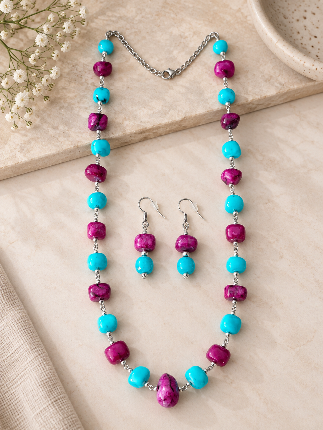 Turquoise & Purple Natural Beads Jewelry set