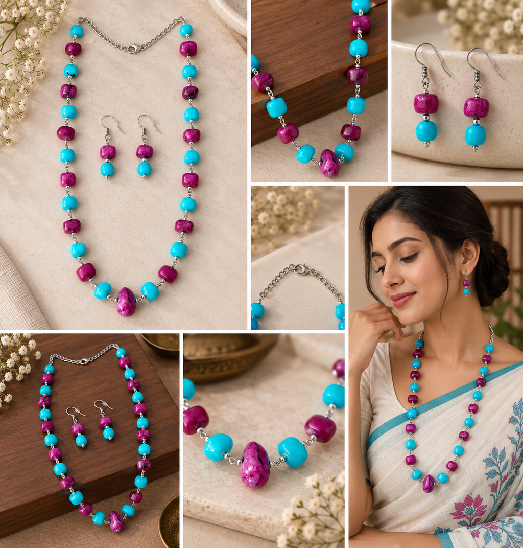Turquoise & Purple Natural Beads Jewelry set