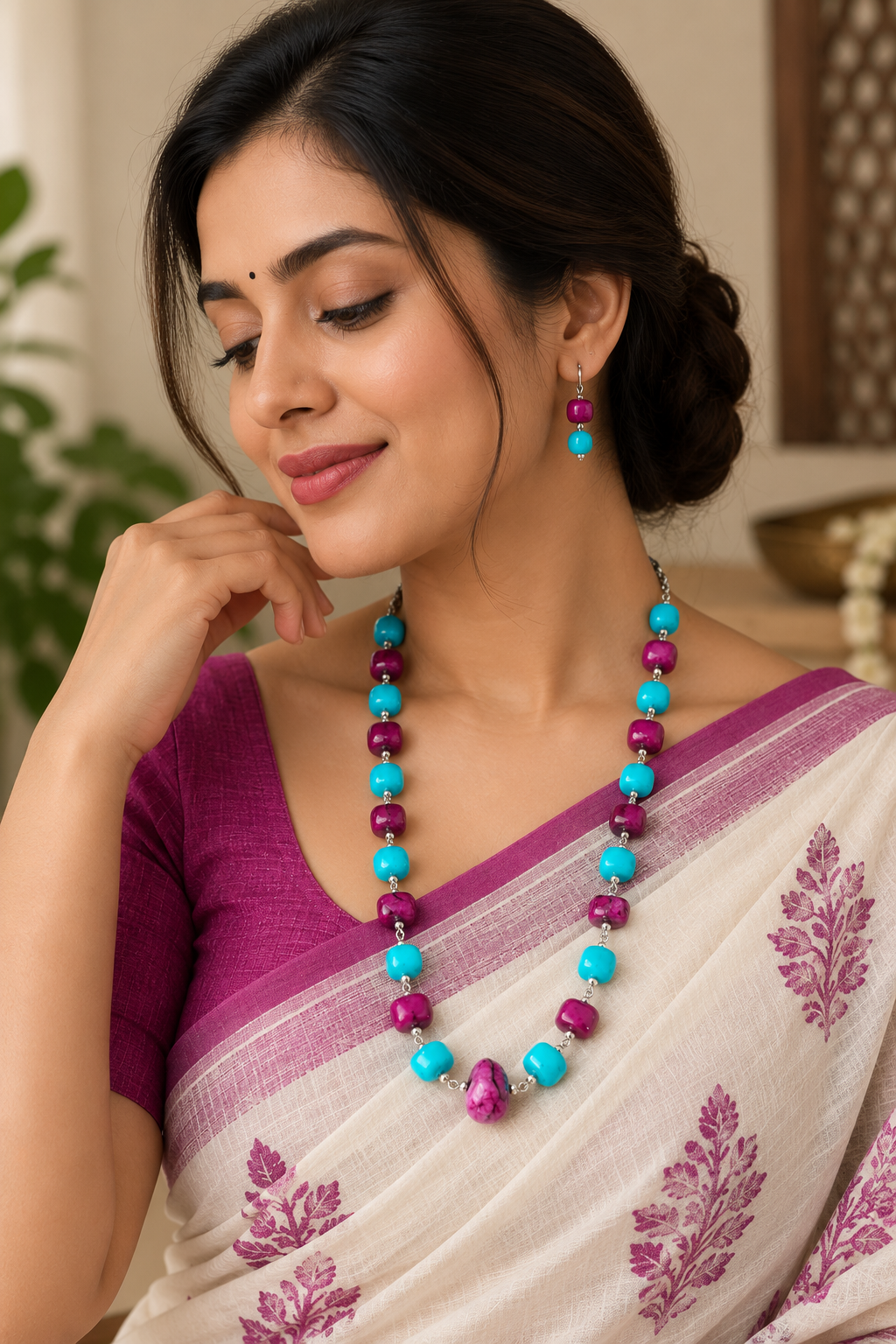 Turquoise & Purple Natural Beads Jewelry set