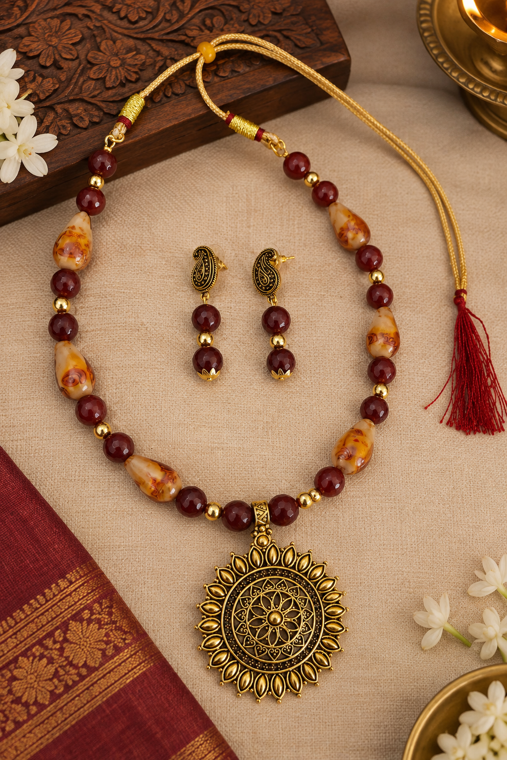 Antique Gold & Brown Beads Statement Jewelry Set