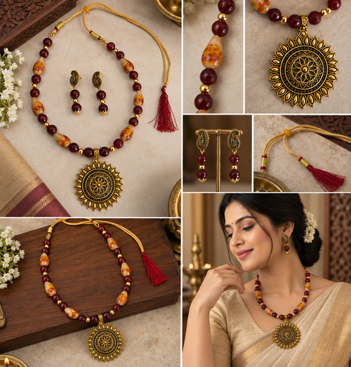 Antique Gold & Brown Beads Statement Jewelry Set