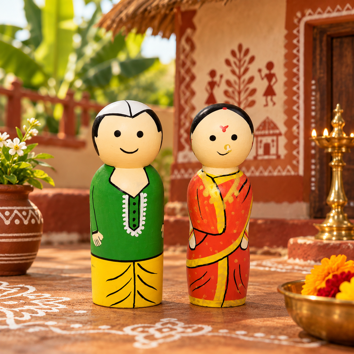 Wooden Peg Dolls, Marathi Couple in Traditional Attire
