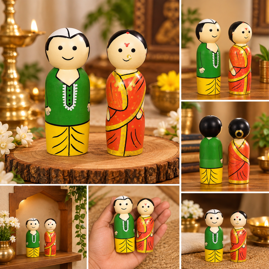 Wooden Peg Dolls, Marathi Couple in Traditional Attire