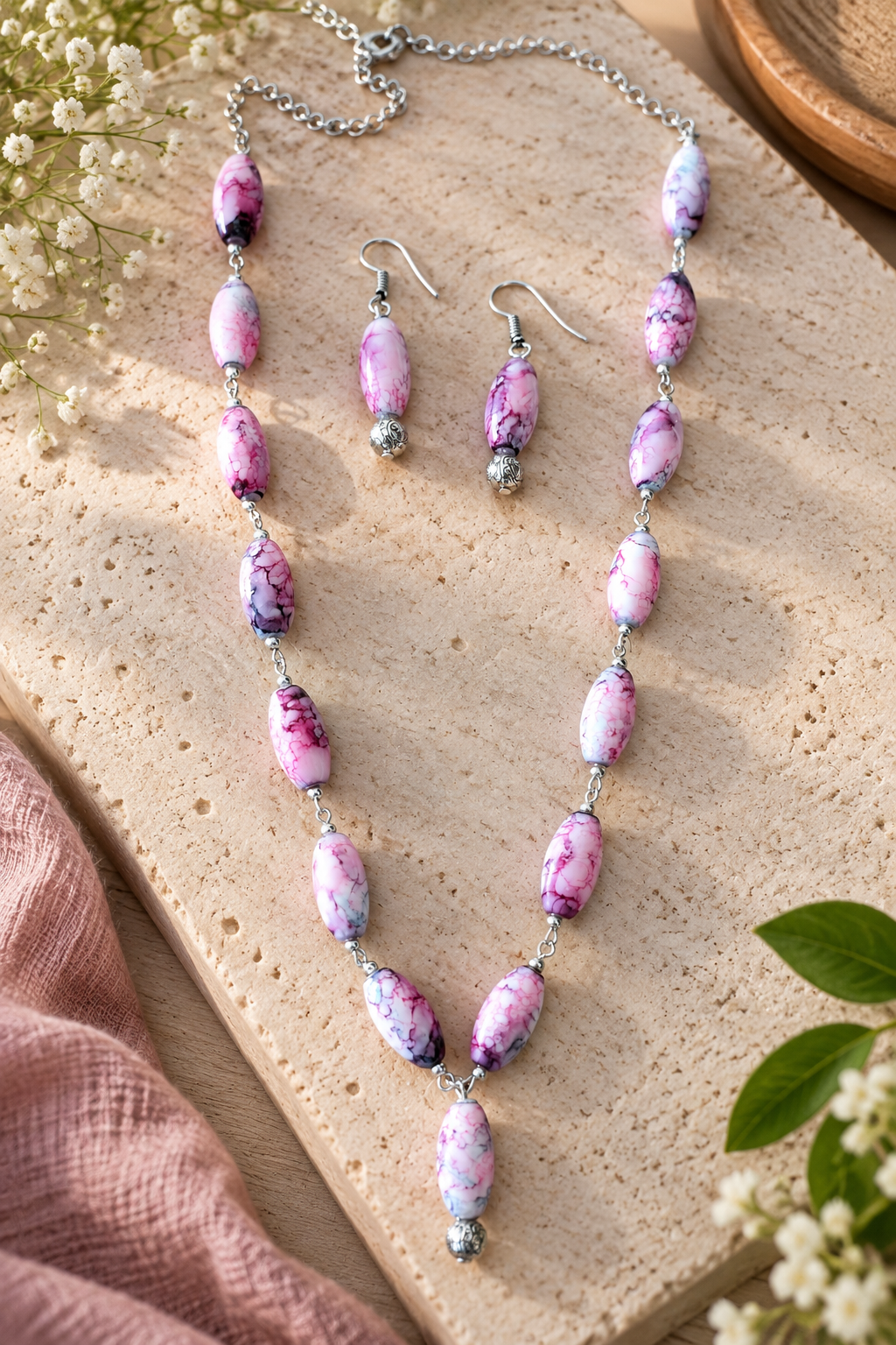 Pink & Purple Marbled Oval Bead Jewelry Set