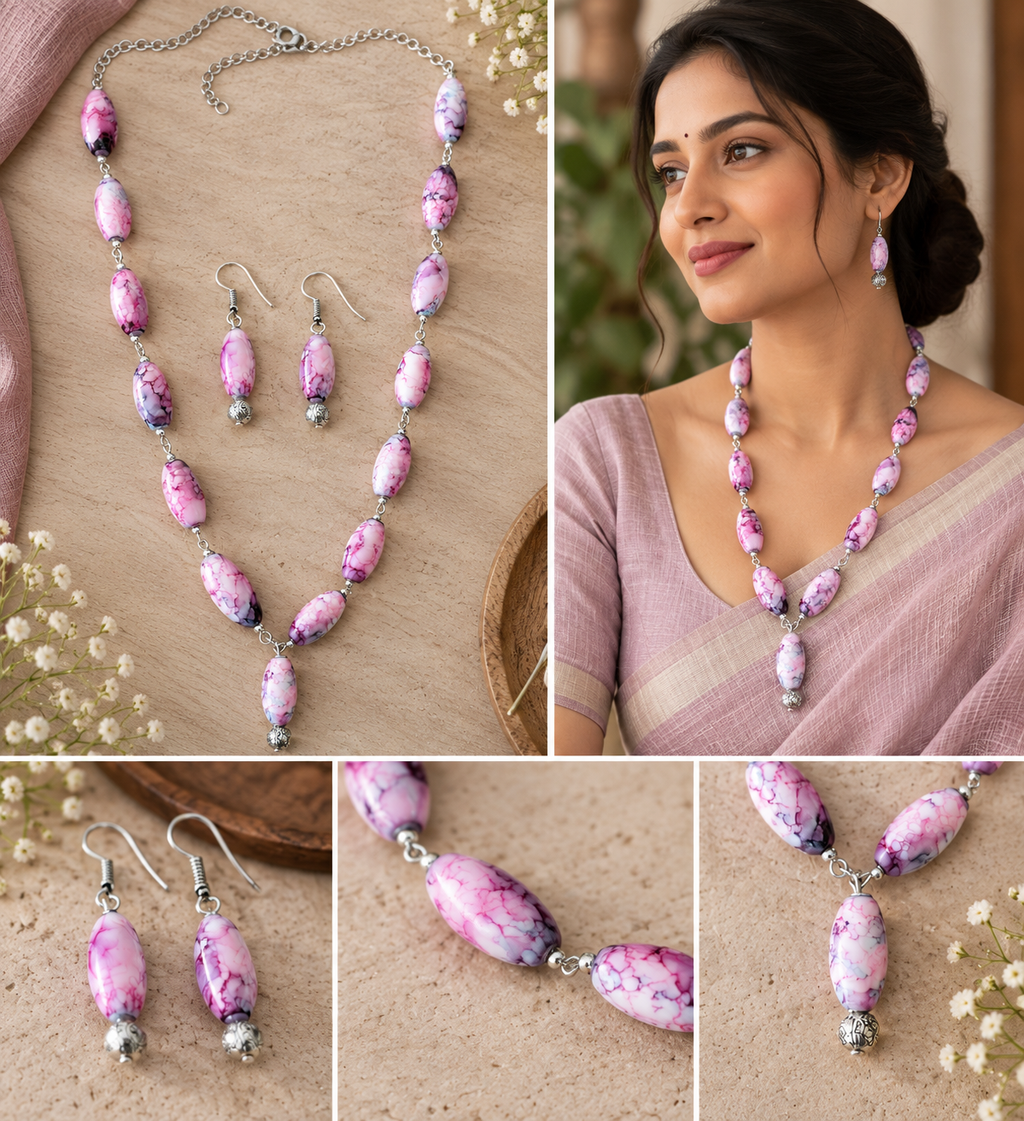 Pink & Purple Marbled Oval Bead Jewelry Set