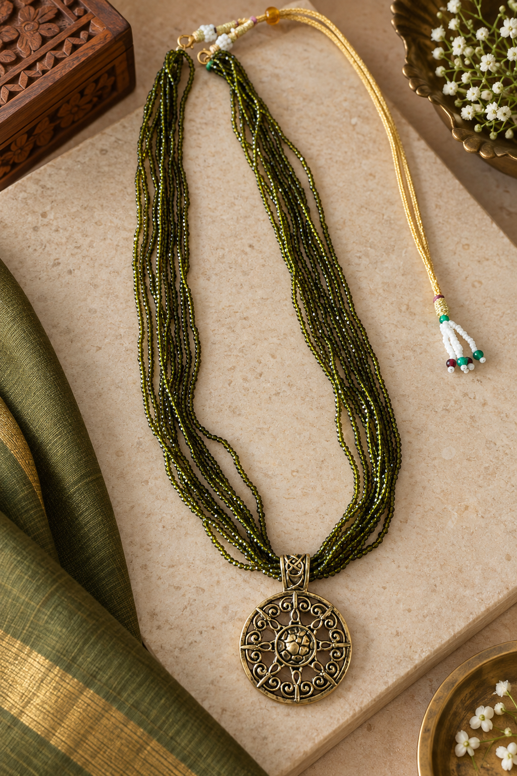 Olive Green Multi-Strand Beaded Necklace with Oxidized Gold Pendant