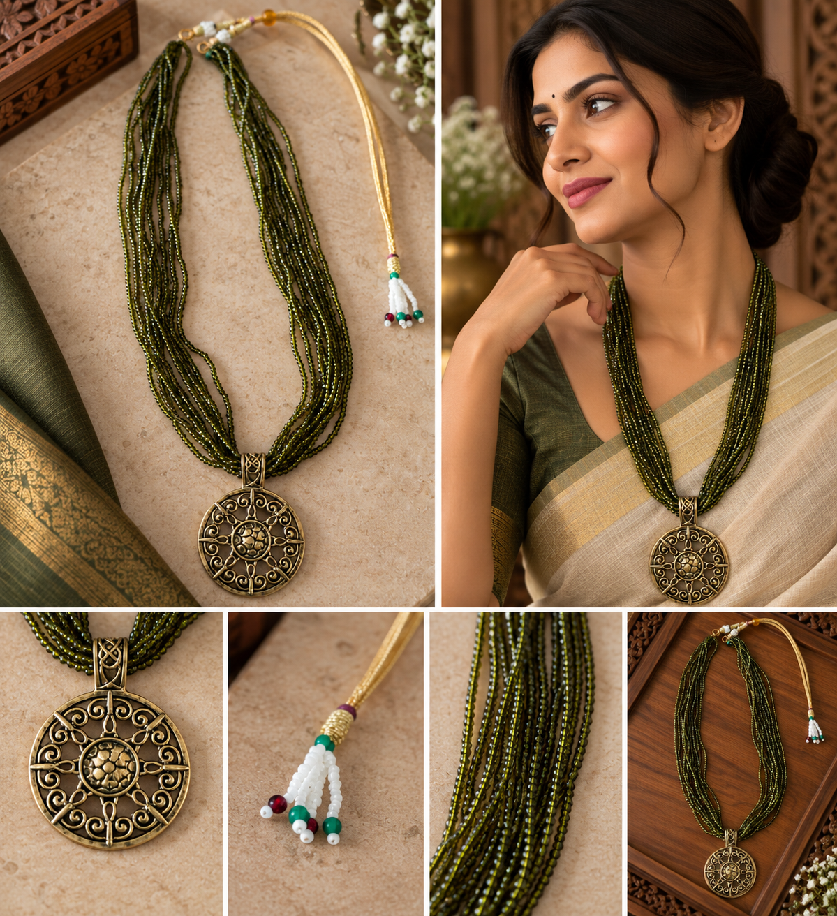 Olive Green Multi-Strand Beaded Necklace with Oxidized Gold Pendant