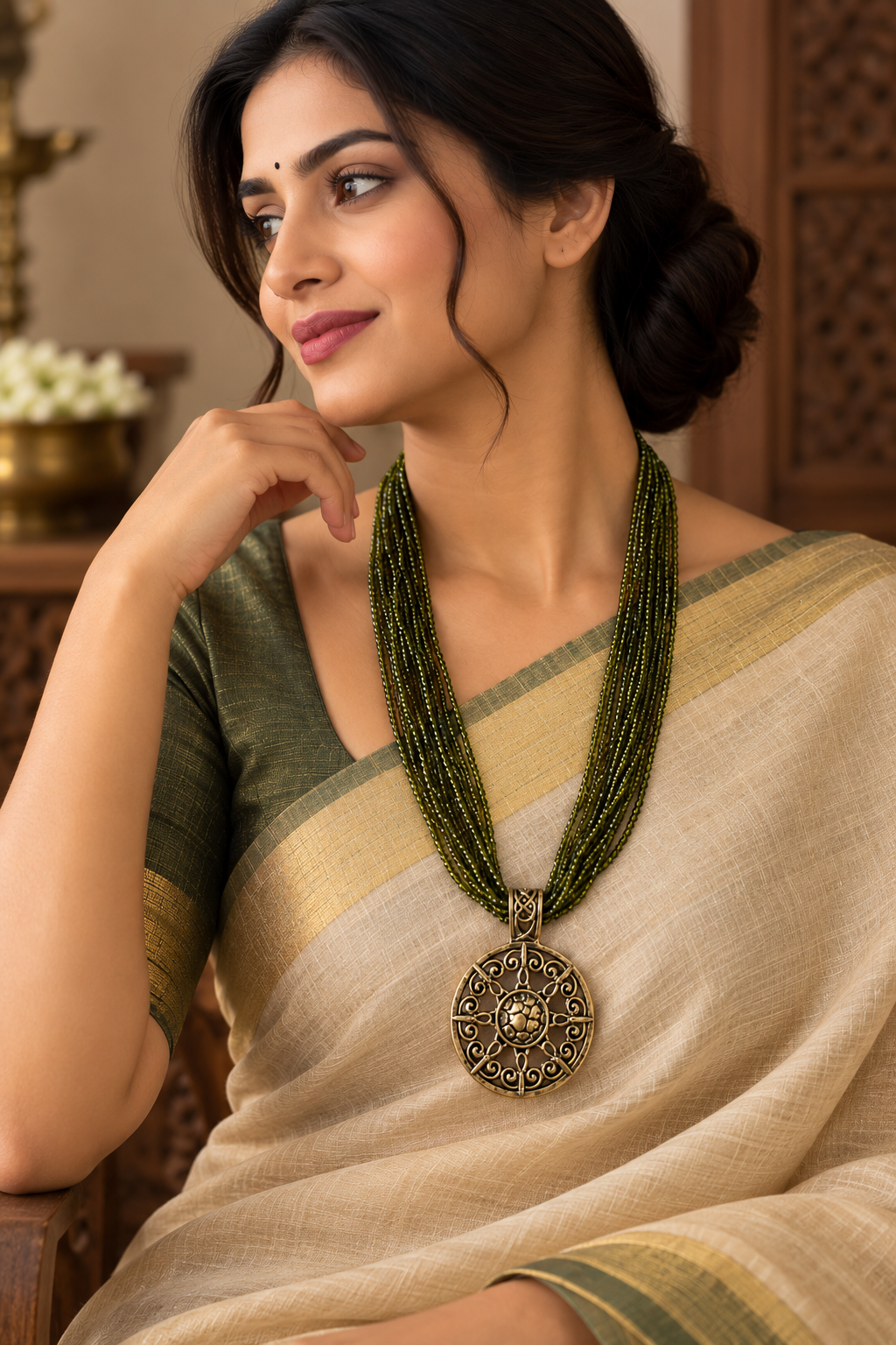 Olive Green Multi-Strand Beaded Necklace with Oxidized Gold Pendant