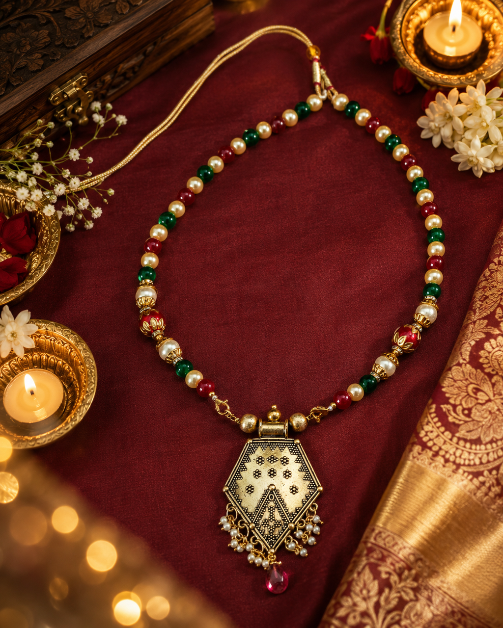 Ivory, Red & Green beads Necklace
