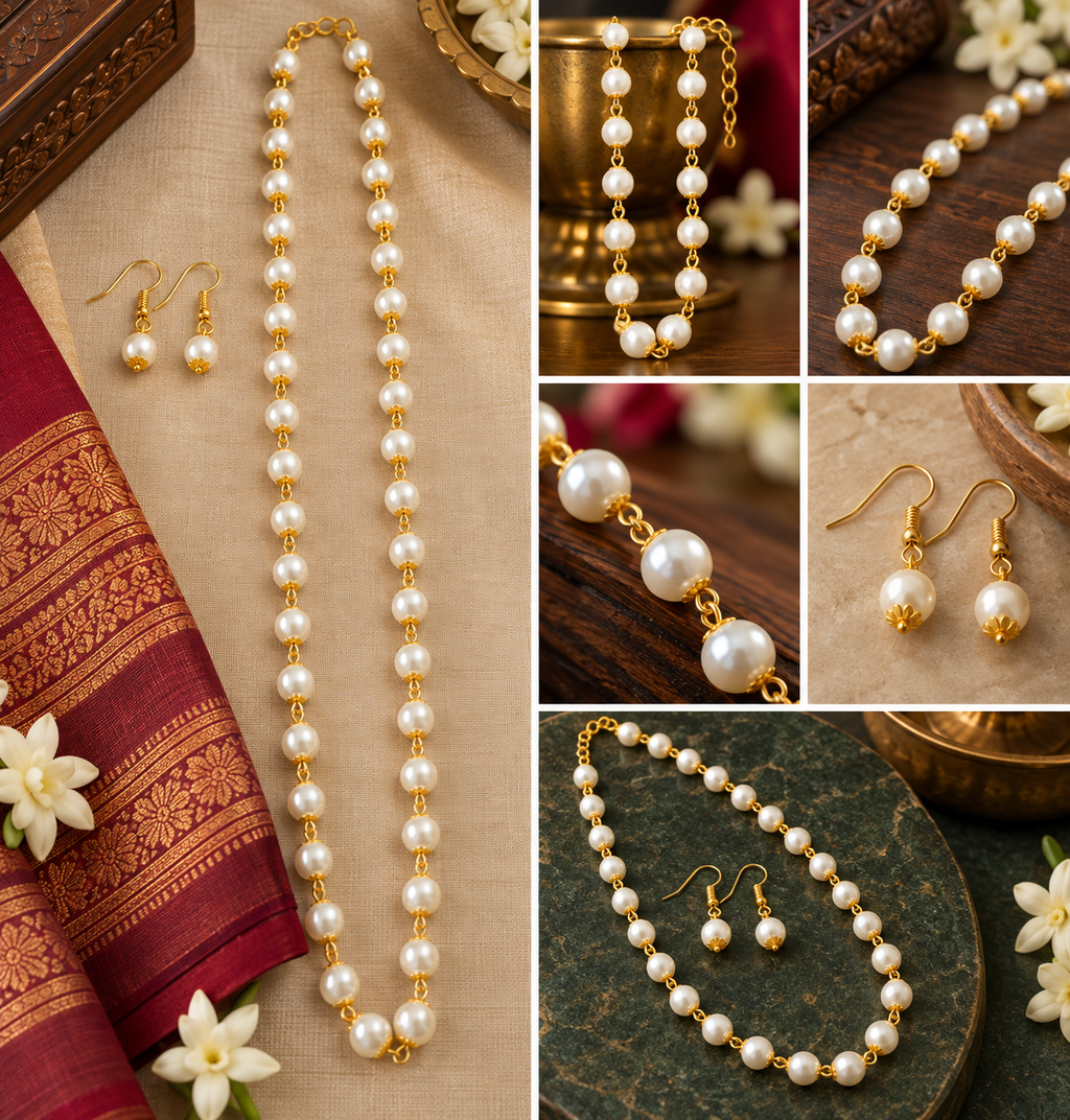 Ivory White Pearl beads with Gold Necklace Set